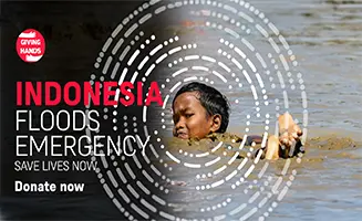 Giving Hands Indonesia floods emergency appeal banner urging donations to save lives